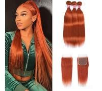 FUIBEJAE #350 Arancione Pacchi Allentati Profondi con Chiusura Capelli Umani con Chiusura in Pizzo Extension di Capelli Vergini Brasiliani Lisci di Alta Qualità per Donne Nere,14 16 18+14closure