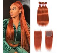 FUIBEJAE #350 Pacchi di Capelli Umani Lisci Bundles Doppia Cucitura Capelli Vergini Brasiliani Non Trattati 3 Pacchi con Chiusura Estensioni di Capelli Umani per Donne Nere,22 24 26 +20closure