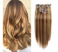 FUIBEJAE # 4/27 Estensioni Dei Capelli Clip In Capelli Umani Piano Colore 7 Pz Remy Capelli Setosi Dritti 16Clip Vere Estensioni Dei Capelli Naturali Una Confezione Per Le Donne,22"(55cm) 100g