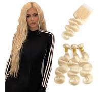 FUIBEJAE #613 Biondo Onde Profonde Sciolte Pacchi di Capelli con Chiusura Capelli Umani Pacchi con Chiusura in Pizzo Estensioni di Capelli Vergini Brasiliani di per Donne Nere,10 12 14+10closure