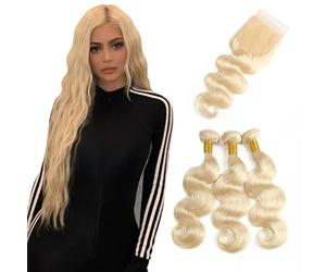 FUIBEJAE #613 Biondo Onde Profonde Sciolte Pacchi di Capelli con Chiusura Capelli Umani Pacchi con Chiusura in Pizzo Estensioni di Capelli Vergini Brasiliani di per Donne Nere,16 18 20+16closure