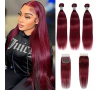 FUIBEJAE #99J Rosso Vino Pacchi di Capelli Umani Lisci Pacchi Doppia Trama Capelli Vergini Brasiliani Non Trattati 3 Pacchi con Chiusura Extension di Capelli Umani per Donne,18 20 22+18closure