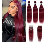 FUIBEJAE #99J Straight Bone Human Hair Bundles Loose Deep Wine Red Straight 3Bundles Brasiliano Remy Hair 4X4 Parte Libera Chiusura In Pizzo per le Donne Nere,20 22 24+20 inch