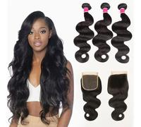 FUIBEJAE Bundle di capelli ondulati corpo umano 3 bundle con chiusura in pizzo Capelli vergini brasiliani ondulati corpo umano Bundle di capelli per donne nere, colore naturale #1B,8 10 12+10closure