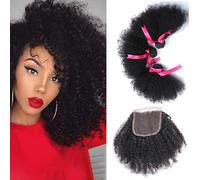 FUIBEJAE Capelli Umani Afro Kinky Brasiliani 3 Pacchi con Chiusura in Pizzo Capelli Corti Mossi Ricci Estensioni a Trama Capelli Vergini Non Trattati per Donne Nere,14 14 14 +14inch