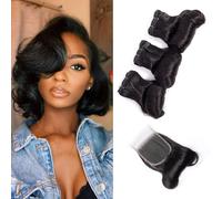 FUIBEJAE Capelli Umani Brasiliani 3 Pacchi con Chiusura in Pizzo Afro Kinky Ricci Mollevoli Ricci a Uovo Estensioni Tessitura Capelli Vergini Non Trattati per Donne Nere,8 10 12+8closure