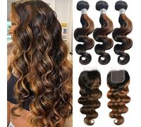 FUIBEJAE Capelli Umani Neri Misti a Marrone, Onde Larghe Sciolte, 3 Fasci con Chiusura in Pizzo, Capelli Vergini Brasiliani Ricci Ondulati, Fasci di Capelli Umani per Donne Nere,12 14 16+12closure