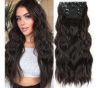 FUIBEJAE Clip in Estensioni dei capelli per le donne, parrucche di capelli ondulati a lunga ondulazione dell'acqua Pezzo di capelli ricci morbidi per il Cosplay, 4 pezzi 11 clip,4# brown black 18inch