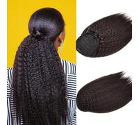 FUIBEJAE Coda di cavallo con coulisse per donne nere, coda di cavallo extension capelli umani lisci ricci Kinky, capelli umani brasiliani Remy, coda di cavallo naturale nera per donna,16inch