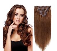 FUIBEJAE Estensioni dei capelli castano chiaro Clip in capelli umani # 6 Estensioni dei capelli castani 7 pezzi Remy Hair Silky Straight 16Clips One Pack per le donne Uso quotidiano,18inch