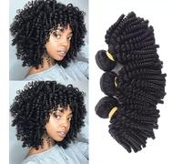 FUIBEJAE Extension di Capelli Afro Kinky Ricci Elasticizzati Ricci Capelli Brasiliani Umani 3 Ciocche con Chiusura in Pizzo Capelli Vergini Non Trattati per Donne Nere,10 12 14+10closure