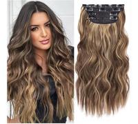 FUIBEJAE Extension per capelli castano scuro con clip, extension sintetiche ondulate e ricce con clip, ciocche di capelli naturali spesse e ondulate per donne e ragazze, 4 pezzi,22h10,26inch