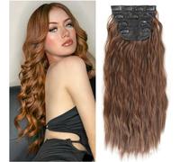 FUIBEJAE Extension per capelli castano scuro con clip, extension sintetiche ondulate e ricce con clip, ciocche di capelli naturali spesse e ondulate per donne e ragazze, 4 pezzi,Light brown,26inch