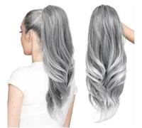 FUIBEJAE Extension per capelli con coda di cavallo a coulisse da 24 pollici per donne, coda di cavallo sintetica morbida dall'aspetto naturale, per uso quotidiano e feste,Silver grey to white