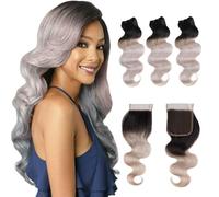 FUIBEJAE Mazzetti di capelli umani dessi ondulati larghi dal nero al grigio chiaro con chiusura, estensioni di capelli vergini brasiliani con chiusura in pizzo per donne nere,10 12 14+10closure