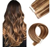 FUIBEJAE Nastro adesivo nelle estensioni dei capelli umani Nastro invisibile nelle estensioni dei capelli reali umani Setoso dritto per le donne 20 pezzi/confezione, # 4/27 marrone scuro,22inch
