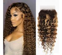 FUIBEJAE #P4/27 Piano Color 4X4 Chiusura in Pizzo Parte Libera Capelli Umani Frontale Ondulati Profondi con Baby Hair Chiusura in Pizzo Trasparente Capelli Umani Pre-Pettinati Linea dei Capelli