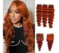 FUIBEJAE Pacchi di Capelli Umani Ondulati Profondi Sciolti Zenzero 3 Pacchi con Chiusura in Pizzo 4X4 Part Libero Capelli Vergini Brasiliani Ondulati Capelli Umani per Donne, #350,20 22 24+20free