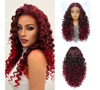 FUIBEJAE Parrucche con frontale in pizzo trasparente 13×4×1 HD, 20 pollici, rosso vino, onde profonde, pre-pettinate, senza colla, bordeaux, densità 200%, lunghe e ricce profonde per donna nera