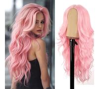 FUIBEJAE Parrucche Lunghe Ombre Rosa per Donne, 26 Pollici, con Parte Centrale, Capelli Sintetici a Onde, Resistenti al Calore, Parrucche di Ricambio in Fibra per Cosplay e Uso Quotidiano,Rosa
