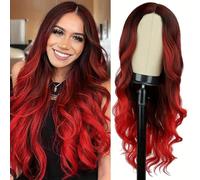 FUIBEJAE Parrucche Lunghe Ombre Rosa per Donne, 26 Pollici, con Parte Centrale, Capelli Sintetici a Onde, Resistenti al Calore, Parrucche di Ricambio in Fibra per Cosplay e Uso Quotidiano,Rosso