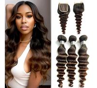 FUIBEJAE T1b/2/4 Pacchi di Capelli Umani Ondulati Profondi Sciolti, 3 Pacchi con Chiusura in Pizzo a Parte Libera 4X4, Capelli Brasiliani Vergini Ondulati Profondi Sciolti,14 16 18+14free