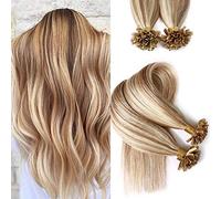FUIBEJAE U Tip Estensioni dei capelli umani Remy Keratin Nail U Tip Estensioni reali Bonded Silky Straight Brown Blonde per la scelta perfetta per i parrucchieri (4 pacchetti di 100),20inch