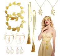 FUIPVGI 10 Pezzi Dea Greca Costume Accessori Set, Corona Alloro Corona di Foglie Romane, Accessori Dea Greca Donna Bambina Romano Alloro Foglie Corona Tiara Set, per Feste di Matrimonio (Oro)