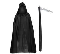 FUIPVGI 2 Pezzi Costume da Triste Mietitore Mantello Nero con Cappuccio Lungo 140 cm Falce Gonfiabile,Misteriosi Costumi da Mietitore Horror per Halloween Vestire per Bambini Adulti Halloween (Nero)