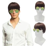 FUIPVGI 2 Pezzi Parrucca Britpop e Set di Occhiali con Montatura Rotonda, Accessorio per Parrucca Maschile, Parrucca di Film di Personaggi Anni '90, Parrucche per Costumi Anni '60 (Marrone)