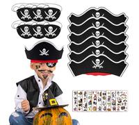 FUIPVGI 22 Pcs Accessori Pirata per Bambini, 6 Pcs Cappello da Pirata 6 Pcs Benda Occhio del Pirata 10 Pcs Adesivi per Tatuaggi Pirata, Accessori di Abbigliamento Pirata per Feste, Halloween (22 Pcs)