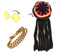 FUIPVGI 3 Pezzi Cappello Rasta Dreadlocks con Occhiali Gialli Bracciale Intrecciato Cappello Reggae Rasta, Accessori Parrucca Dreadlocks Giamaicani, Costume Maschera per Feste Cosplay (Multicolore)