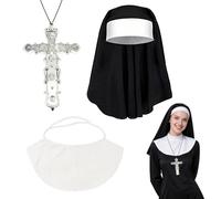 FUIPVGI 3 Pezzi Costume Suora Completo con Velo, Cravatta & Collana Croce per Halloween per Travestimento per Festa Horror e Eventi a Tema con Accessori (Nero)