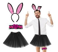FUIPVGI 3 Pezzi JGA Costume Uomo per Addio al Celibato, gonna in tulle, Fascia per Orecchie di Coniglio, Bretelle da Sposo, Accessorio per Costume JGA da Uomo, Costumi Addio al Celibato (Nero)