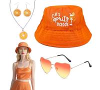 FUIPVGI 4 Pezzi Arancione Secchiello Cappello Arancione Occhiali Orecchini Collana Cappello Pescatore Cappelli Parasole Unisex Pieghevole Sole Spiaggia Cappello Uomo Donna per Costumi Cosplay Accesso.