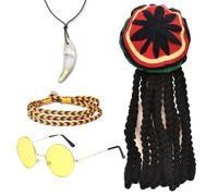 FUIPVGI 4 Pezzi Cappello Rasta Dreadlocks con Occhiali Gialli Bracciale Intrecciato, Collana, Cappello Reggae Rasta, Accessori Parrucca Dreadlocks Giamaicani, Costume Maschera per Feste (Multicolore)