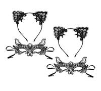FUIPVGI 4 Pezzi Cerchietto Orecchie Gatto Orecchie da Gatto Maschera Halloween Maschera di Maschera in Pizzo Maschere Veneziane Maschera da Ballo per Carnevale Halloween Festa(Nero)