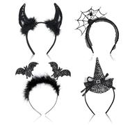 FUIPVGI 4 Pezzi Fasce per Capelli di Halloween Pipistrello Ragno Strega Corna da Diavolo Fascia per Capelli per Bambini Adulti Copricapo di Halloween Accessori per Costumi in Maschera (Nero)