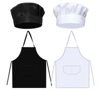 FUIPVGI 4 Pezzi Grembiule da Cucina e Cappello da Cuoco, Regolabile Grembiule, Cappello, con Tasca, per Panettiere, Cucina, Casa, Ristorante e Hotel, Pittura Cottura, Artigianato (Nero, Bianco)