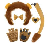 FUIPVGI 5 Pezzi Kit di Accessori per il Costume da Leone Orecchie di Leone Peluche,Fascia per Capelli Coda Naso Papillon e Guanti,Set di Costumi da Animale,per Feste Tema Compleanno Halloween(Leone)