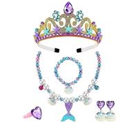 FUIPVGI 6 Pezzi Mermaid Gioielli per Bambina, Sirena Principessa Gioielli, Mermaid Dress Up Set, Diadema Principessa, Collana, Orecchini, Bracciale, Anello, per Cosplay Compleanno Carnevale (6 Pezzi)