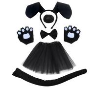 FUIPVGI 6 Pezzi Set Costume Nero da Cucciolo di Cane,Inclusi Fascia per Capelli Cravatta per il Naso Coda Guanti per le Zampe Gonna Nera,per Bambini Cosplay Festa a Tema Animali Halloween (Nero)