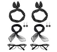 FUIPVGI 8 Pezzi Accessori Anni 50 Donna, Set Di Accessori per Costume Da Donna Anni '50, Sciarpe, Cravatta per Capelli a Pois, Orecchini, Occhiali Vintage Accessori Carnevale(Nero)