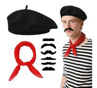 FUIPVGI 8 Pezzi Costume Francese in Maschera Berretto Baffi Baffi Sciarpa Unisex, Costume da Artista Mimo Accessori Accessori per Costume da Uomo Francese, per Cosplay, Feste, Scuola (Nero)