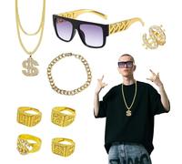FUIPVGI 8 Pezzi Hip Hop Costume Accessori Kit Pimp Costume, Hip Hop Anno 70 80 90 Gangster Accessori, Collana Dollaro Anello Simbolo Occhiali da Gangster Sole Oro Set per Carnevale Halloween (Oro)