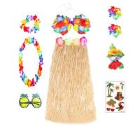 FUIPVGI 9 Pezzi Hawaiian Hula Skirt Costume Accessorio Kit con ghirlanda hawaiana, collana, bracciali, Colorate Costume Tropicale Fascia, per feste in maschera spiaggia, feste tropicali (9 Pezzi)