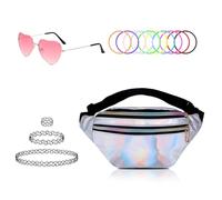 FUIPVGI Accessori anni '90 Costume Anni 80 Donna Accessori Costume '80 Marsupio Argento, Occhiali a Forma di Cuore Rosa, Collana, Braccialetti, per Festa a Tema Carnevale Halloween Nat