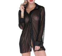FUIPVGI Camicia Trasparente Sexy da Donna, Top a Maniche Lunghe, Pigiama Lingerie Sexy, Camicie Ampie, Camicia da Notte Negligé (Nero)