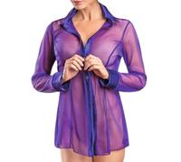 FUIPVGI Camicia Velata Sexy da Donna, Camicetta Trasparente a Maniche Lunghe, Pigiama Sexy in Camicia da Notte, Camicie Larghe Trasparenti,per la Camera da Letto delle Donne Cattive. (Viola, XL)