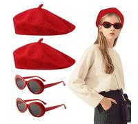 FUIPVGI Set di 4 accessori da donna: berretti e occhiali da sole francesi, classico stile francese, rosso, universale, adatto per feste a tema e abbigliamento quotidiano